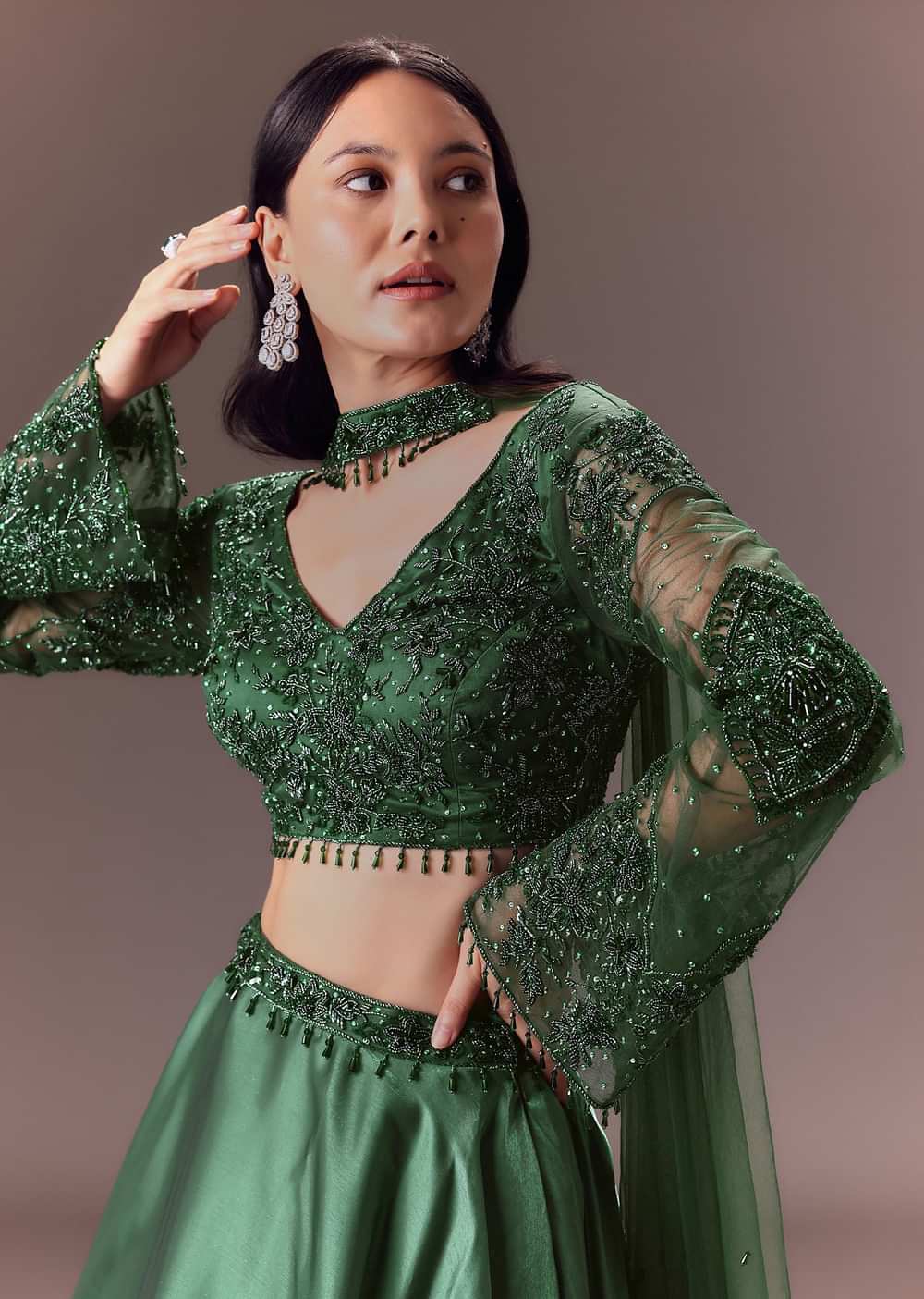 Bottle Green Organza Lehenga Set With Hand Work
