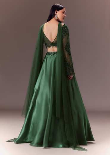 Bottle Green Organza Lehenga Set With Hand Work