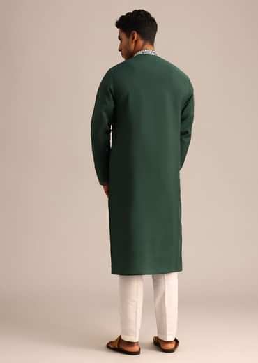 Bottle Green Silk Kurta And Pant Set With Hand Embroidered Yoke