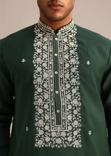 Bottle Green Silk Kurta And Pant Set With Hand Embroidered Yoke
