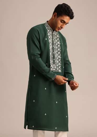 Bottle Green Silk Kurta And Pant Set With Hand Embroidered Yoke