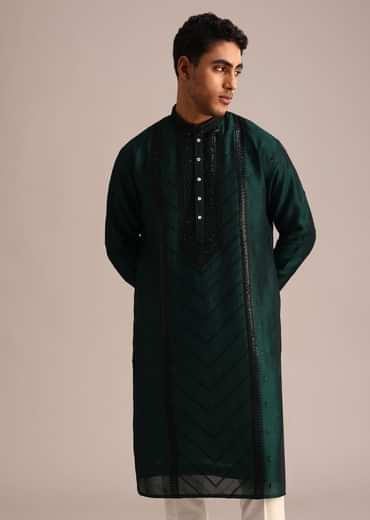 Bottle Green Silk Kurta Set With Sequin Work