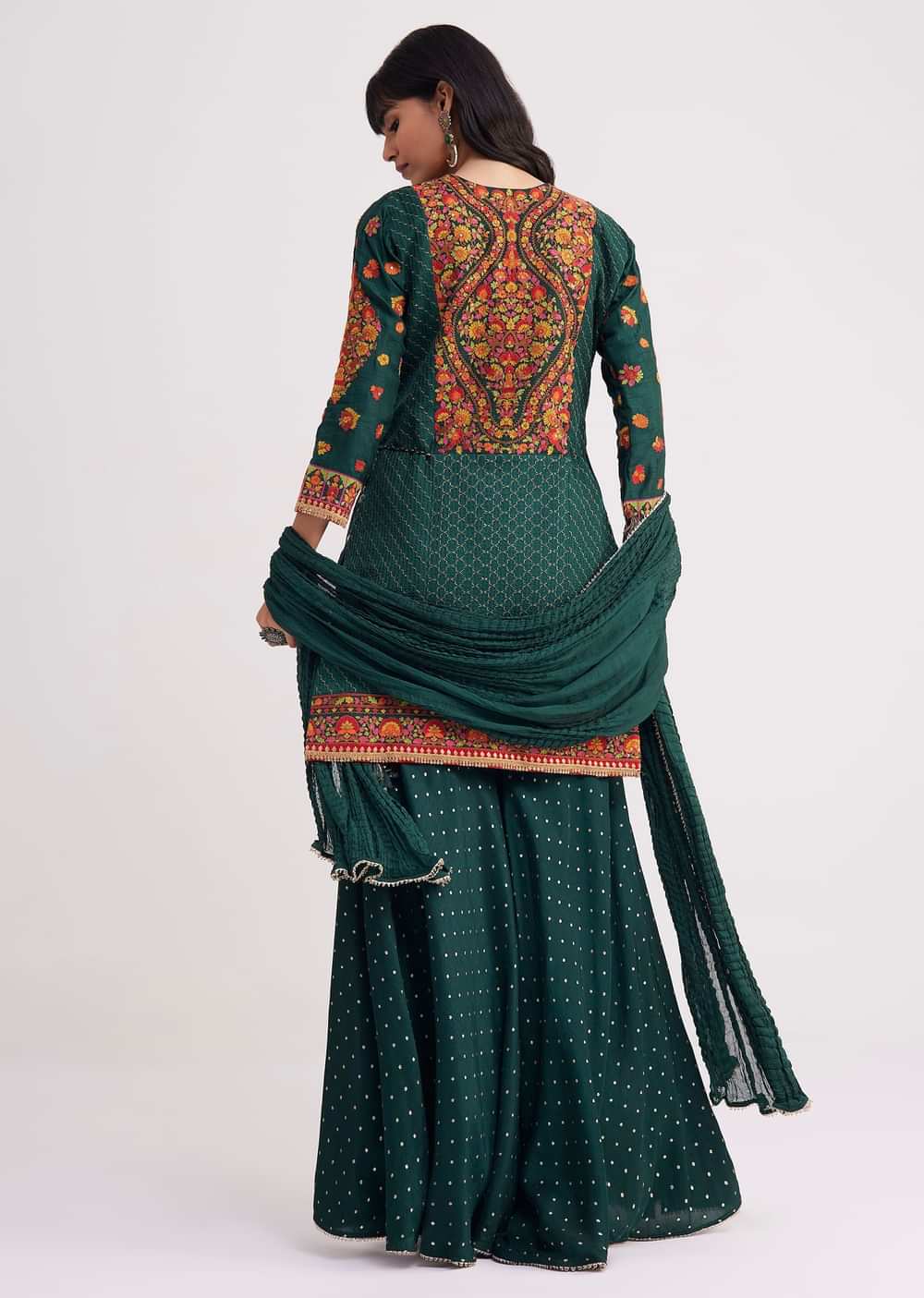 Bottle Green Silk Kurta Sharara With Chiffon Dupatta