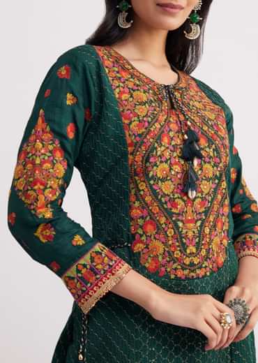 Bottle Green Silk Kurta Sharara With Chiffon Dupatta