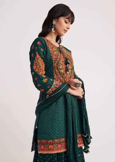 Bottle Green Silk Kurta Sharara With Chiffon Dupatta