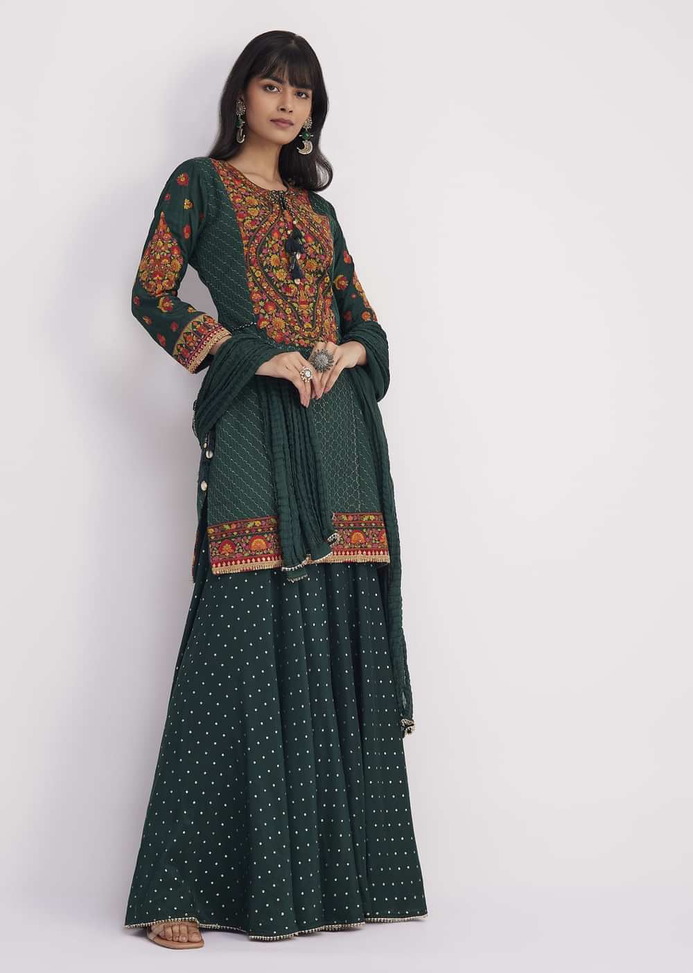 Bottle Green Silk Kurta Sharara With Chiffon Dupatta