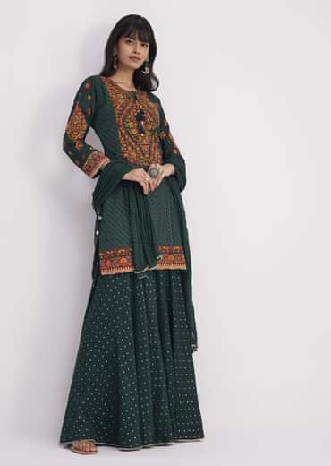 Bottle Green Silk Kurta Sharara With Chiffon Dupatta
