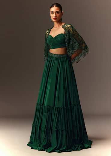 Bottle Green Tiered Lehenga With Net Cape