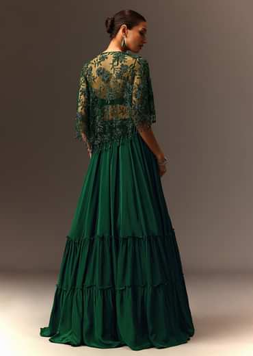 Bottle Green Tiered Lehenga With Net Cape
