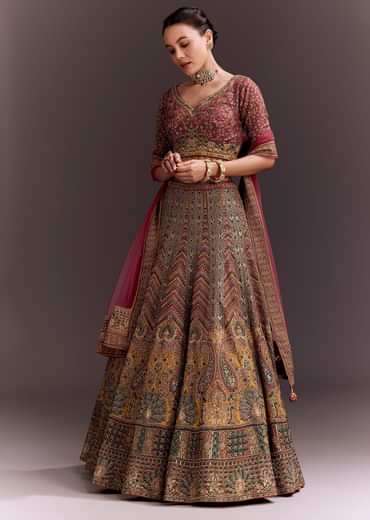 Brick Red Embroidered Lehenga Set