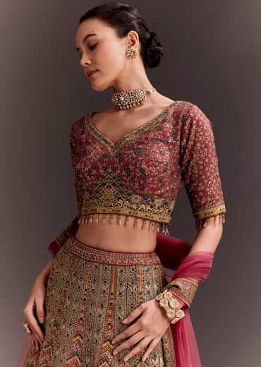 Brick Red Embroidered Lehenga Set
