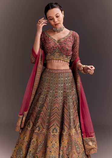 Brick Red Embroidered Lehenga Set