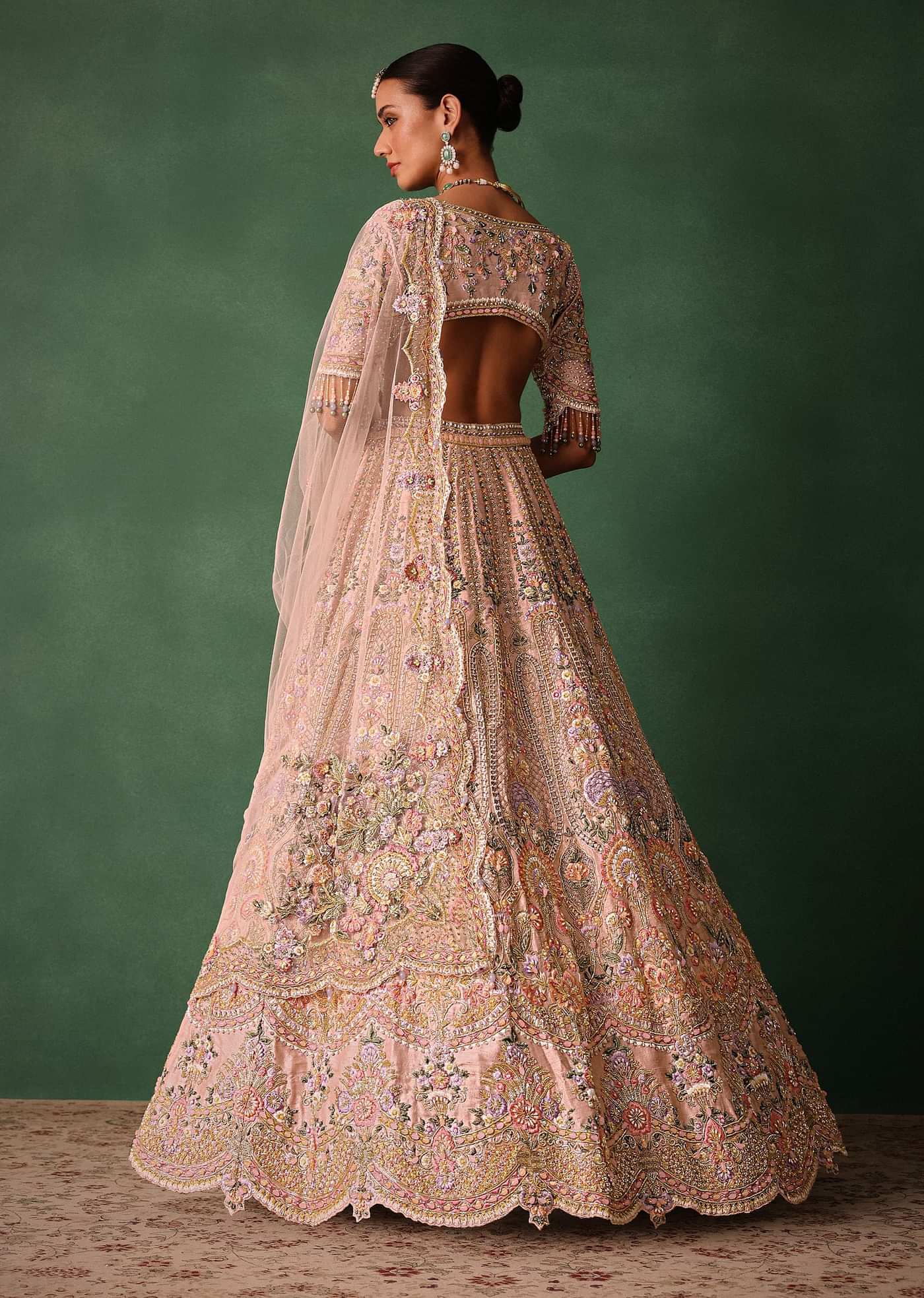 Bridal Pink Lehenga With Floral Embroidered Blouse And Scallop Dupatta