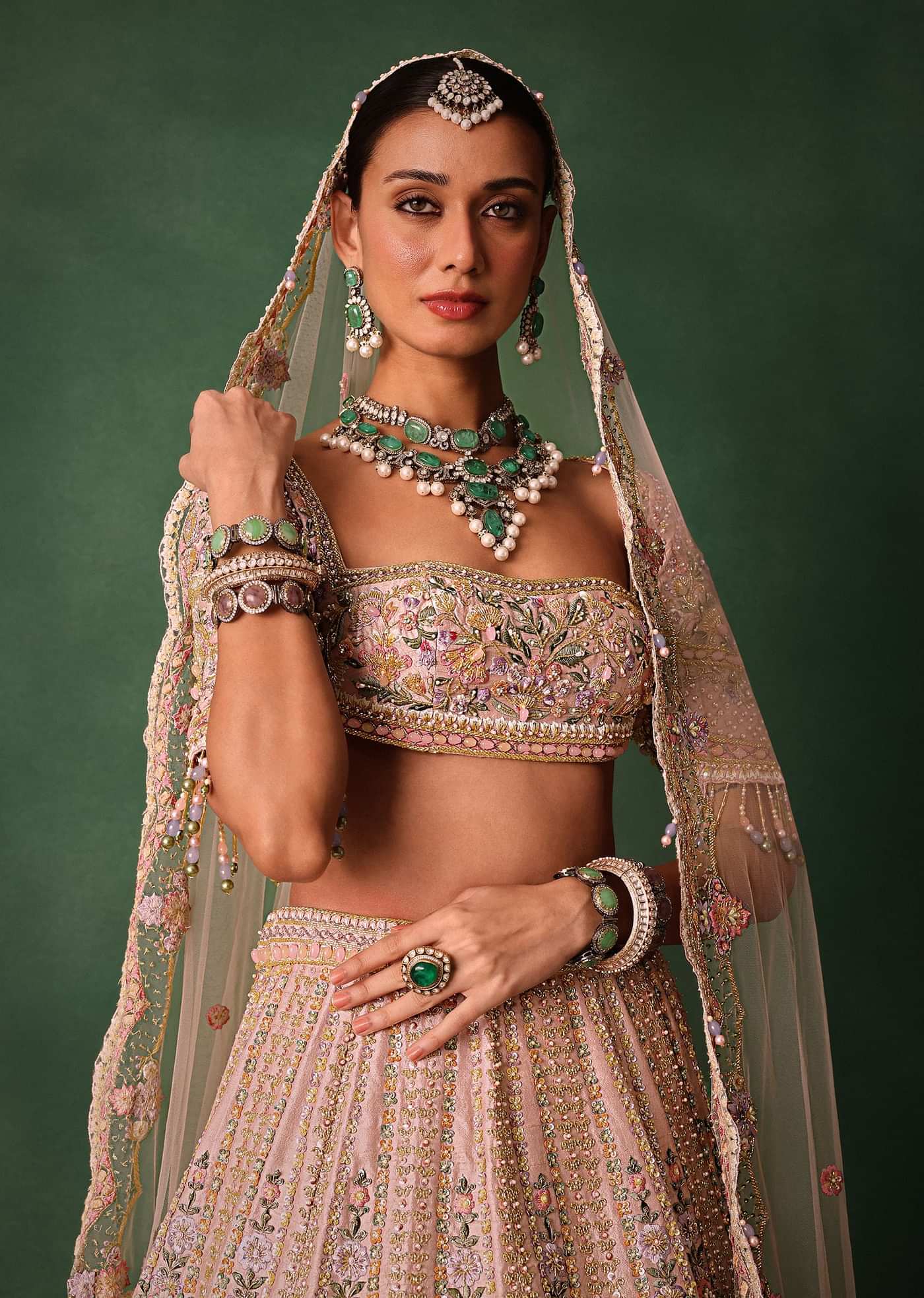 Bridal Pink Lehenga With Floral Embroidered Blouse And Scallop Dupatta