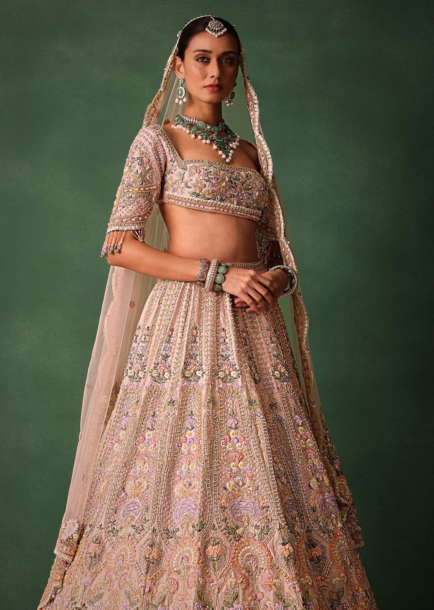 Bridal Pink Lehenga With Floral Embroidered Blouse And Scallop Dupatta