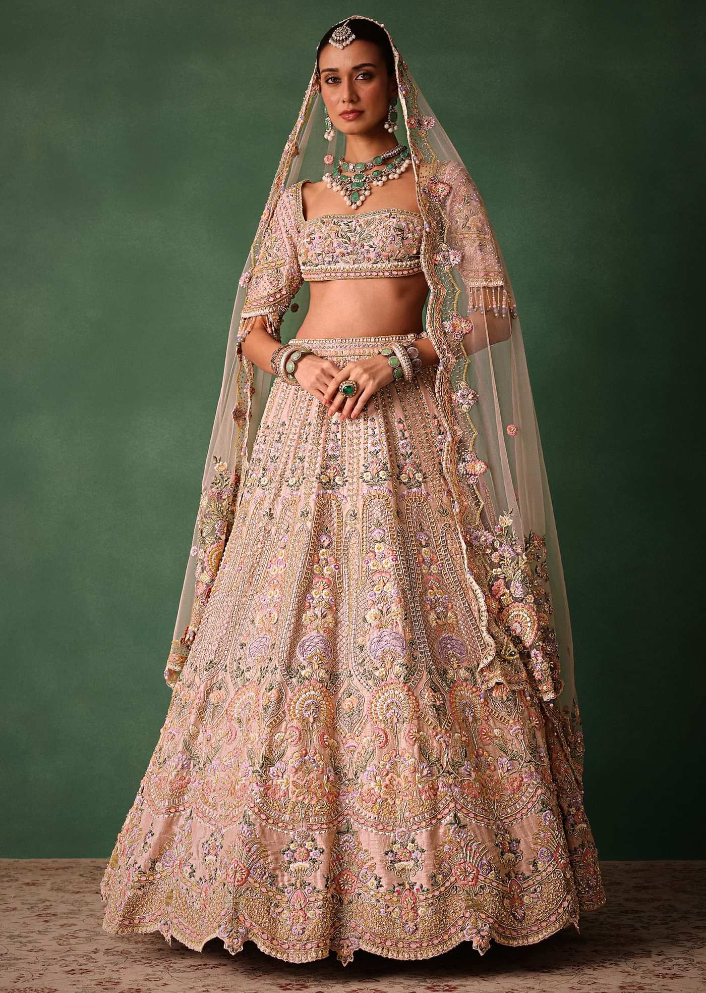 Bridal Pink Lehenga With Floral Embroidered Blouse And Scallop Dupatta