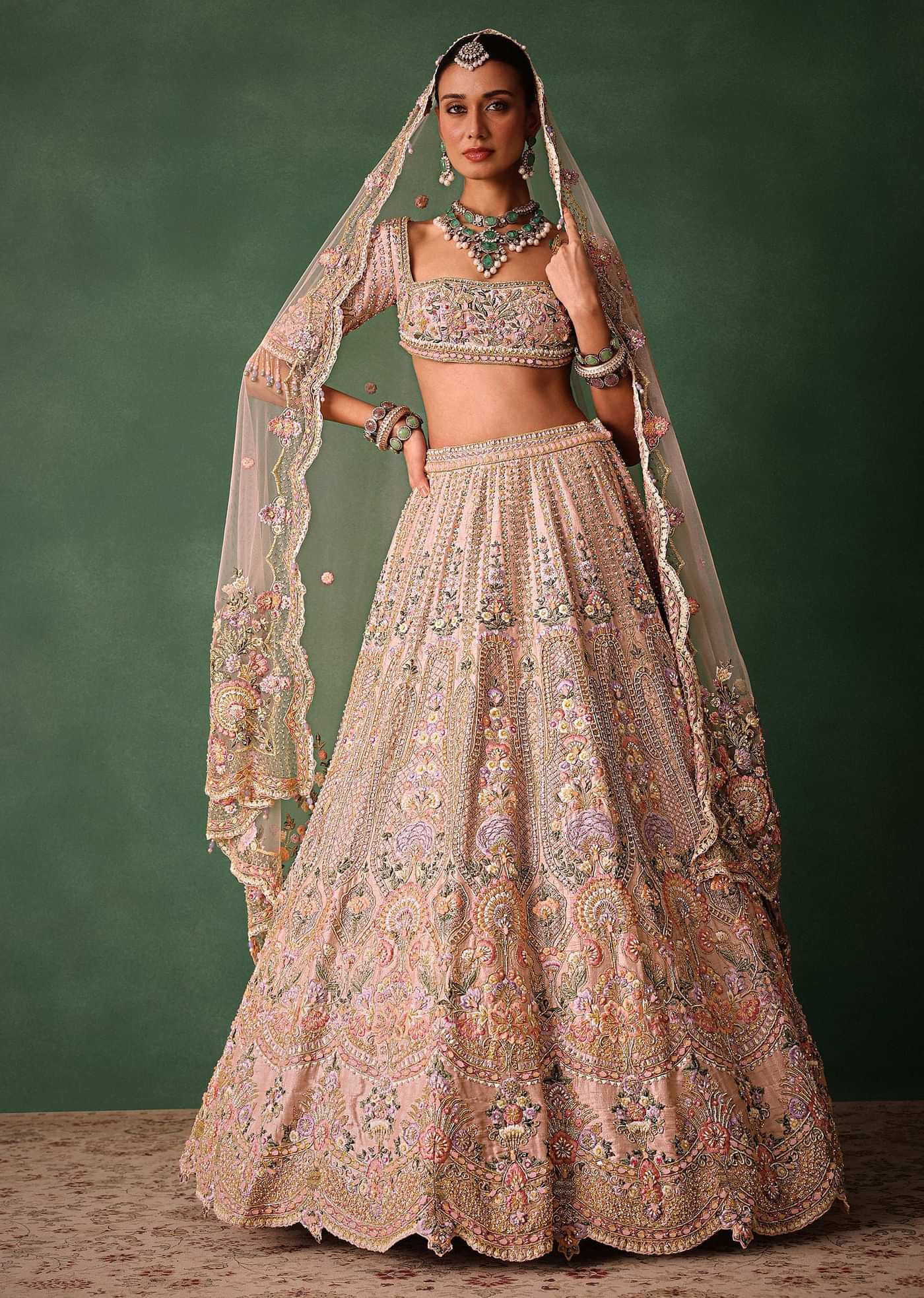 Bridal Pink Lehenga With Floral Embroidered Blouse And Scallop Dupatta