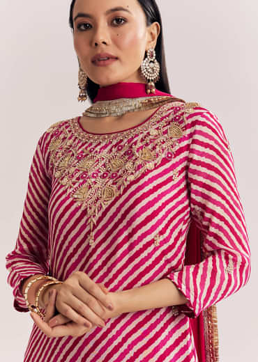 Pink Leheriya Zardosi Work Kurta Palazzo Suit