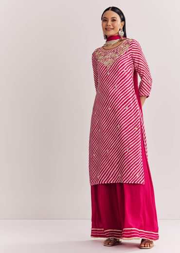 Pink Leheriya Zardosi Work Kurta Palazzo Suit