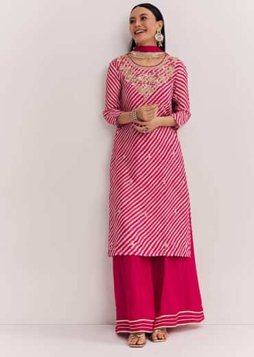 Pink Leheriya Zardosi Work Kurta Palazzo Suit