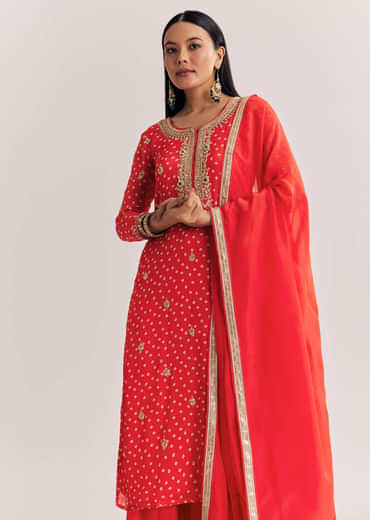 Bright Orange Bandhani Kurta Palazzo Suit With Sequins And Zardosi Work