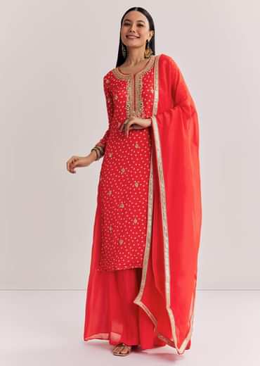 Bright Orange Bandhani Kurta Palazzo Suit With Sequins And Zardosi Work