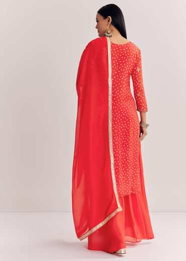 Bright Orange Bandhani Kurta Palazzo Suit With Sequins And Zardosi Work