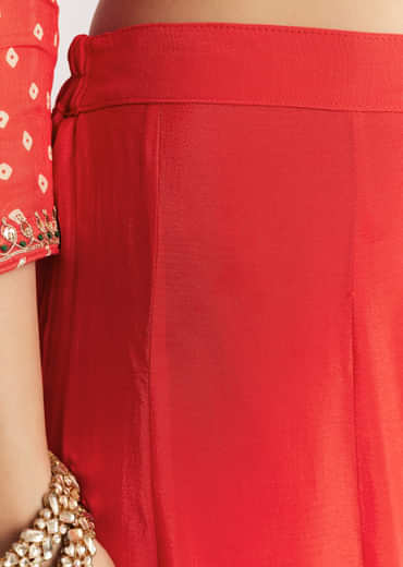 Bright Orange Bandhani Kurta Palazzo Suit With Sequins And Zardosi Work