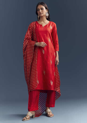 Bright Orange Silk Kurta Set With Zari And Gota Work