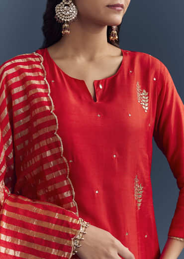 Bright Orange Silk Kurta Set With Zari And Gota Work