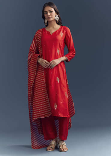 Bright Orange Silk Kurta Set With Zari And Gota Work