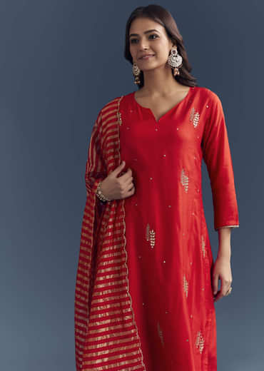 Bright Orange Silk Kurta Set With Zari And Gota Work