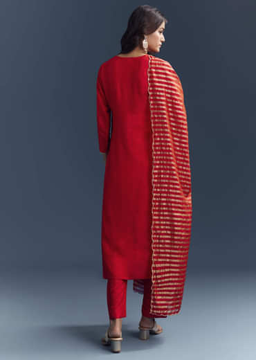 Bright Orange Silk Kurta Set With Zari And Gota Work