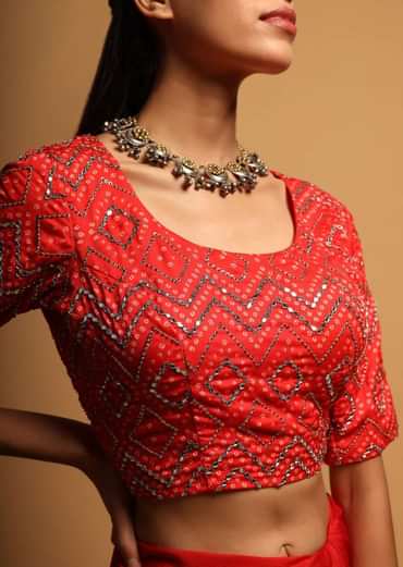 Bright Red Blouse In Silk Blend With Bandhani Print And Mirror Embroidery In Geometric Design