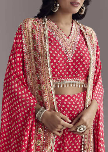 Bright Red Printed Cape Set