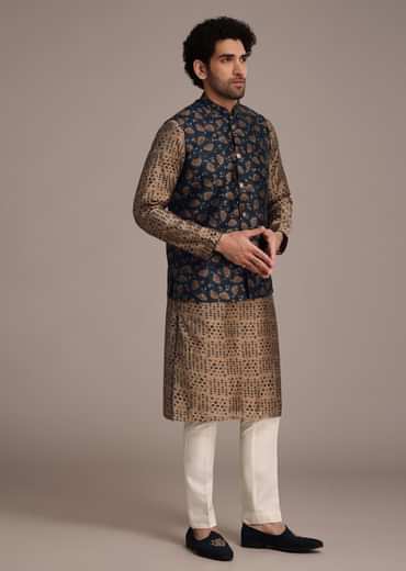 Bronze Silk Printed Kurta Set With Leaf Motifs