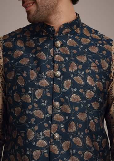 Bronze Silk Printed Kurta Set With Leaf Motifs