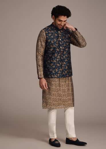 Bronze Silk Printed Kurta Set With Leaf Motifs