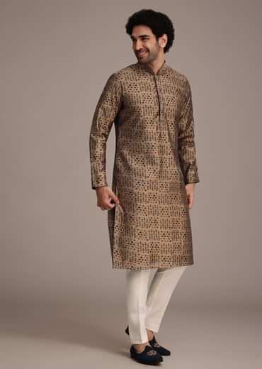 Bronze Silk Printed Kurta Set With Leaf Motifs