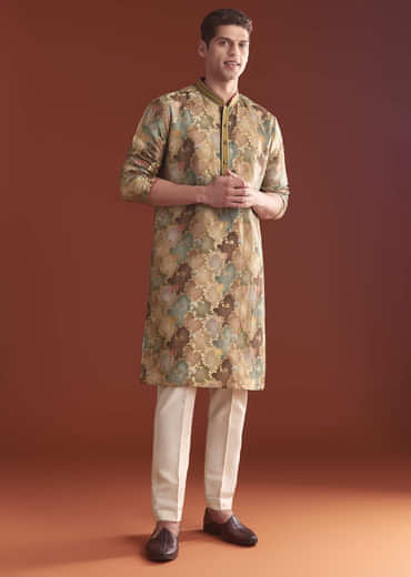 Brown Banarasi Kurta Set For Men With Vine Pattern
