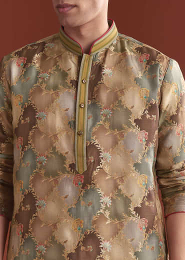 Brown Banarasi Kurta Set For Men With Vine Pattern