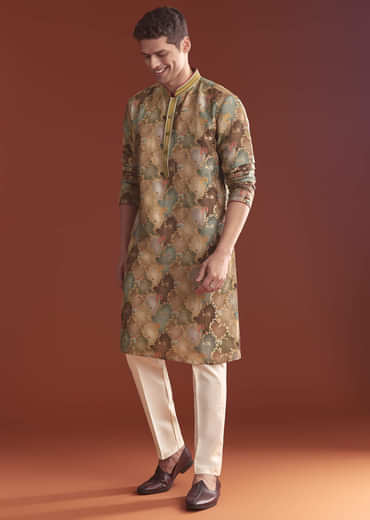 Brown Banarasi Kurta Set For Men With Vine Pattern