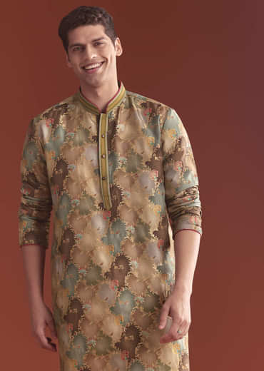 Brown Banarasi Kurta Set For Men With Vine Pattern