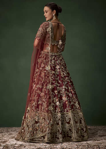 Brown Bridal Cutdana Embellished Silk Lehenga Set with  Two Dupattas