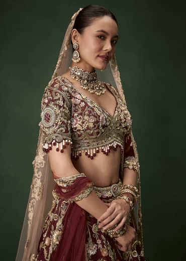 Brown Bridal Cutdana Embellished Silk Lehenga Set with  Two Dupattas