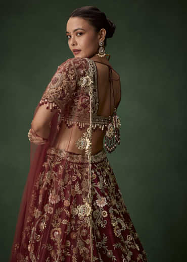 Brown Bridal Cutdana Embellished Silk Lehenga Set with  Two Dupattas