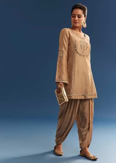 Brown Chanderi Embroidered Kurta Set With Crepe Dhoti And Gotta Detailing