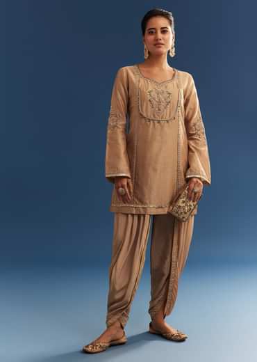 Brown Chanderi Embroidered Kurta Set With Crepe Dhoti And Gotta Detailing