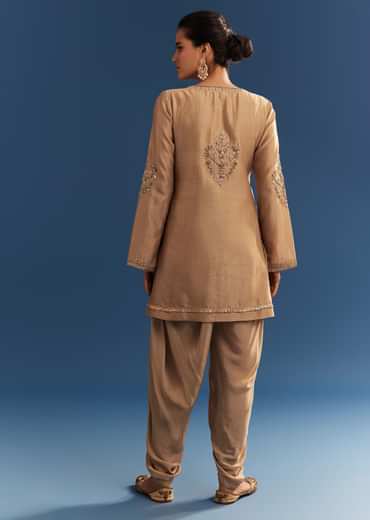 Brown Chanderi Embroidered Kurta Set With Crepe Dhoti And Gotta Detailing