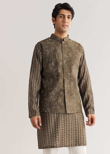 Brown Chanderi Silk Jacket Kurta Set With Mirror And Stone Work